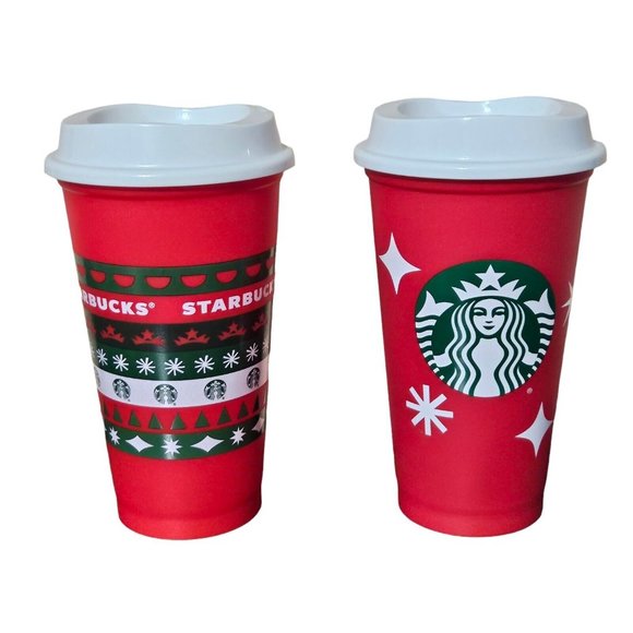 Starbucks Reusable Plastic Travel Coffee Cup 16 oz Christmas Sweater Holiday LOT - Picture 1 of 2